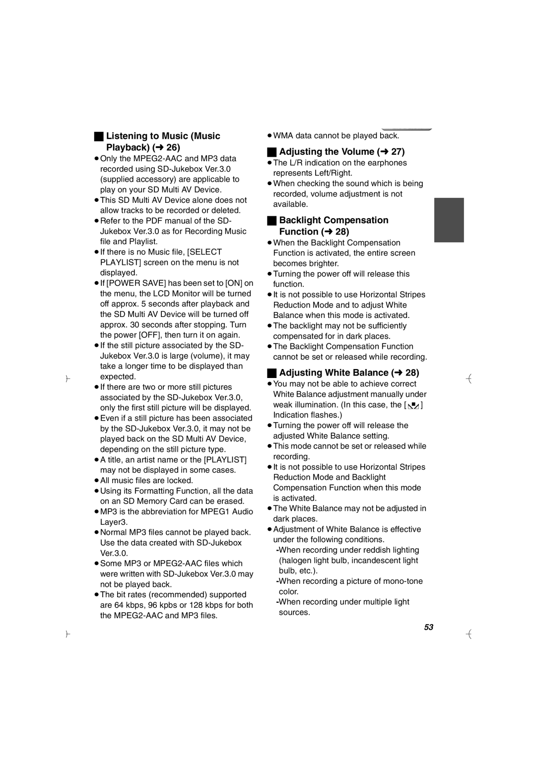 Panasonic SV-AV20U manual Listening to Music Music Playback l, Adjusting the Volume l, Backlight Compensation Function l 