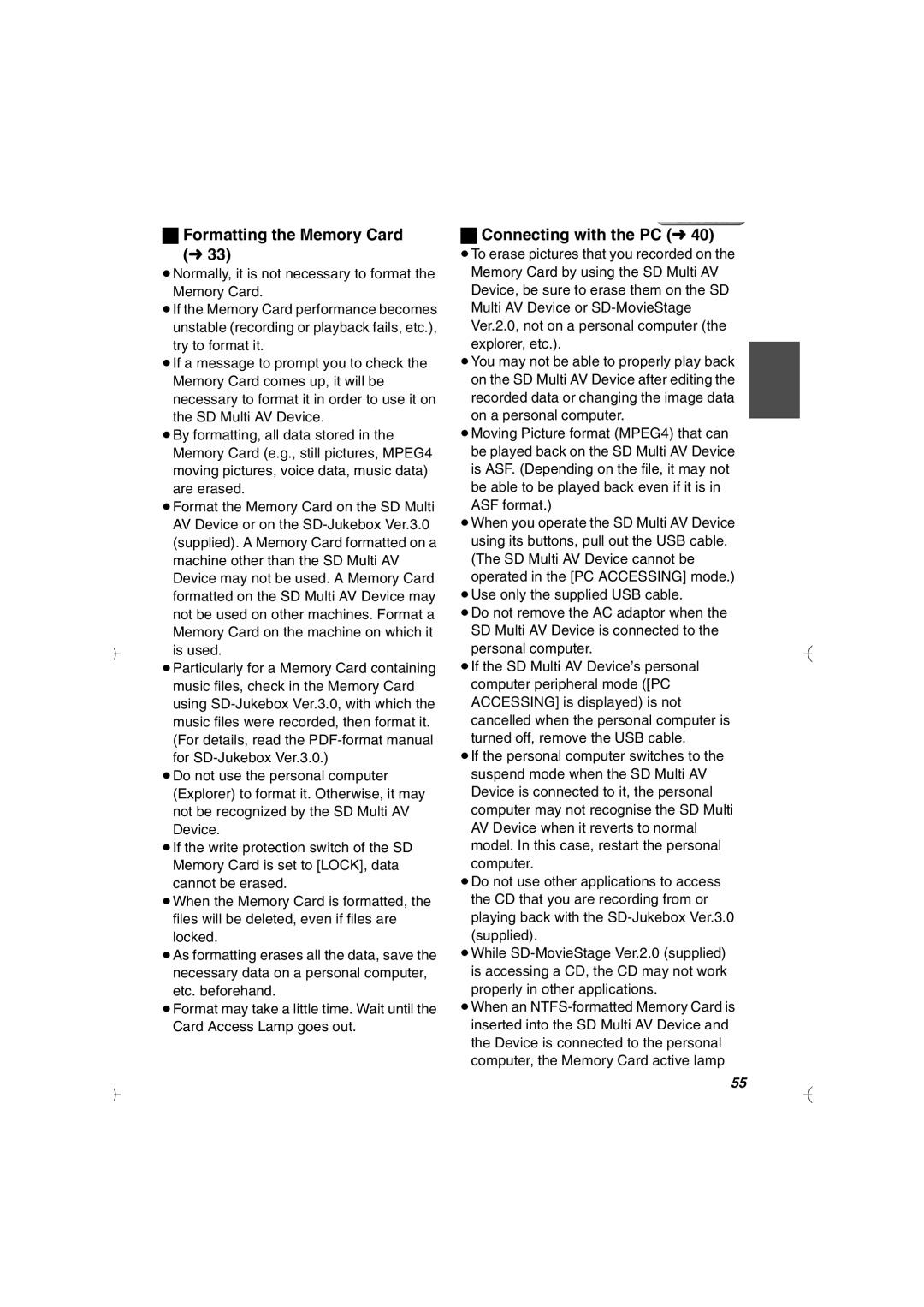 Panasonic SV-AV20U manual Formatting the Memory Card, Connecting with the PC l 