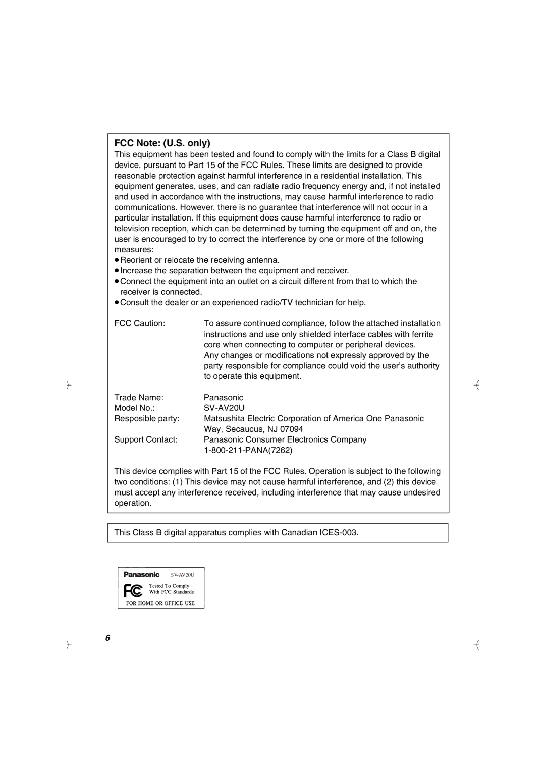 Panasonic SV-AV20U FCC Note U.S. only, Core when connecting to computer or peripheral devices, To operate this equipment 