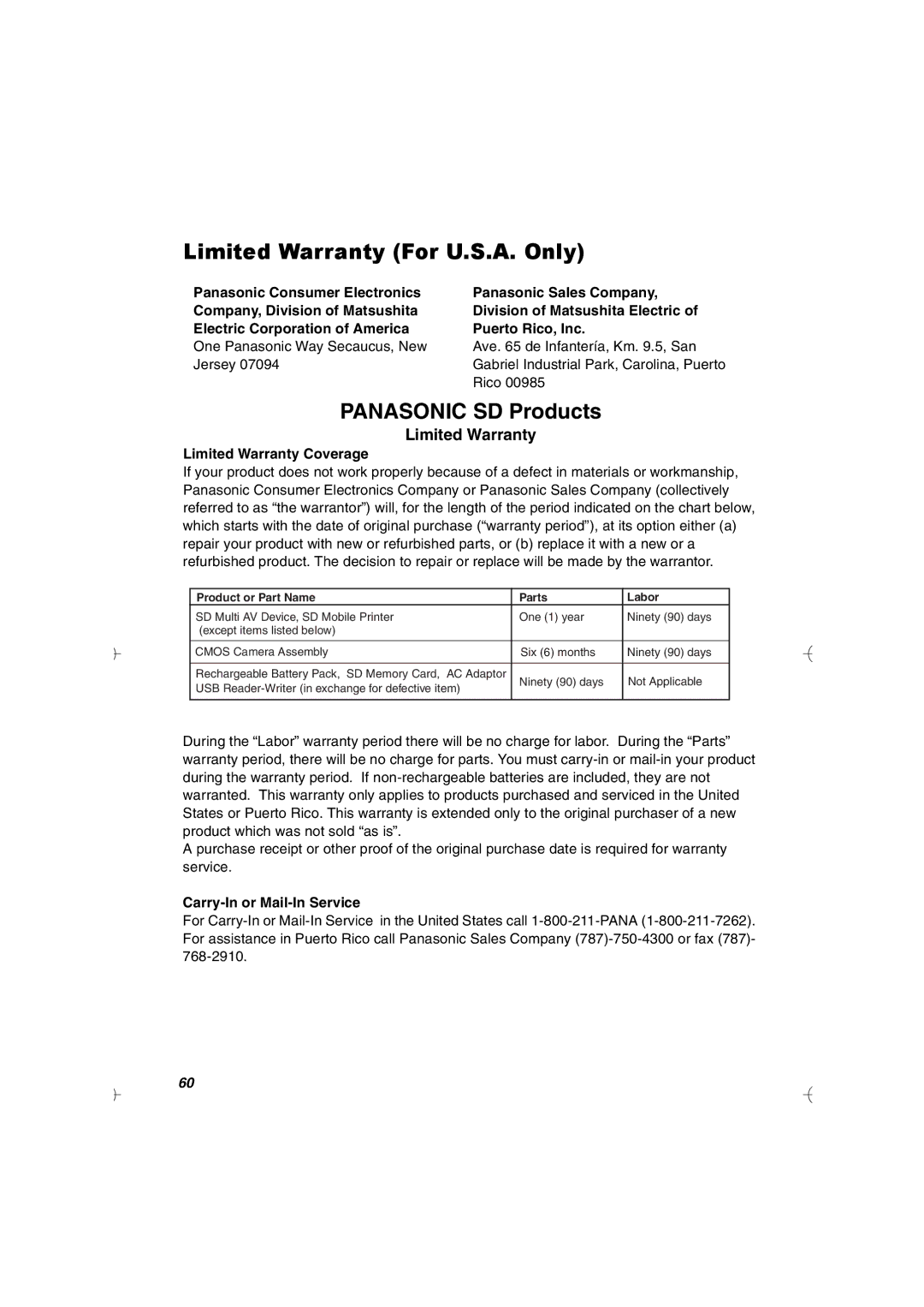 Panasonic SV-AV20U manual Limited Warranty For U.S.A. Only, Limited Warranty Coverage, Carry-In or Mail-In Service 