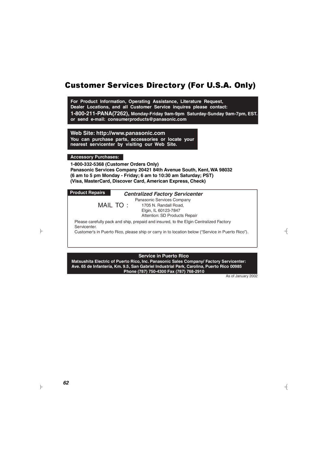 Panasonic SV-AV20U manual Customer Services Directory For U.S.A. Only, Product Repairs 