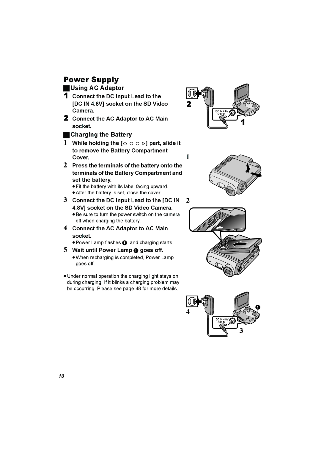 Panasonic SV-AV25 Power Supply, ªUsing AC Adaptor, Charging the Battery, Wait until Power Lamp 1 goes off 