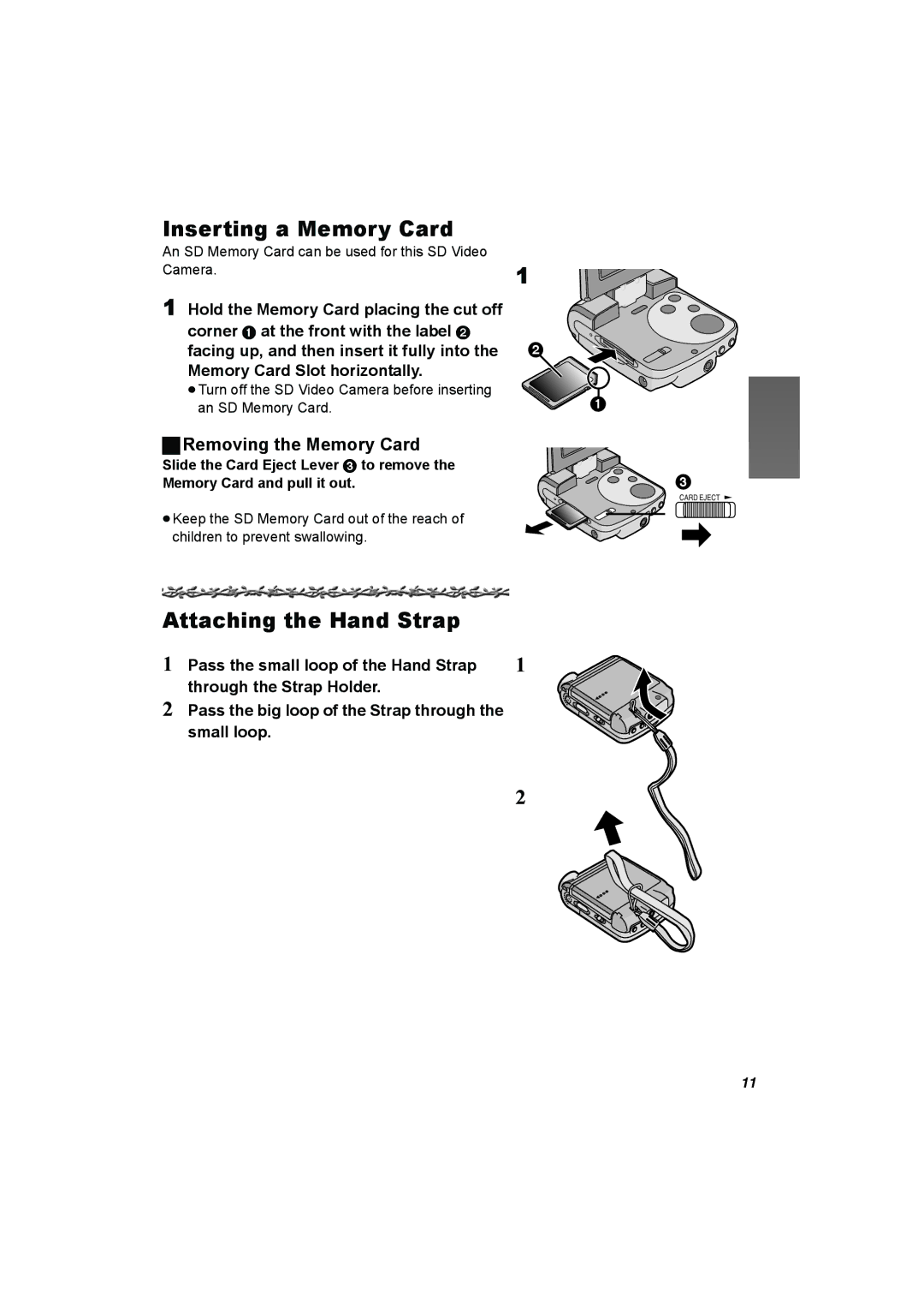 Panasonic SV-AV25 operating instructions Inserting a Memory Card, Attaching the Hand Strap, Removing the Memory Card 