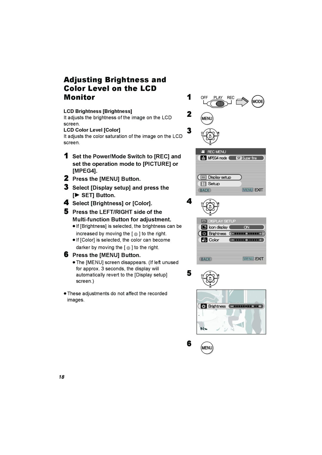 Panasonic SV-AV25 operating instructions Adjusting Brightness and Color Level on the LCD Monitor, LCD Brightness Brightness 