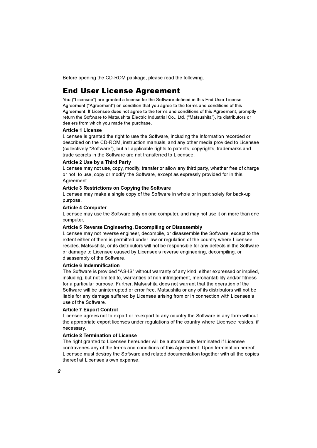 Panasonic SV-AV25 operating instructions End User License Agreement 