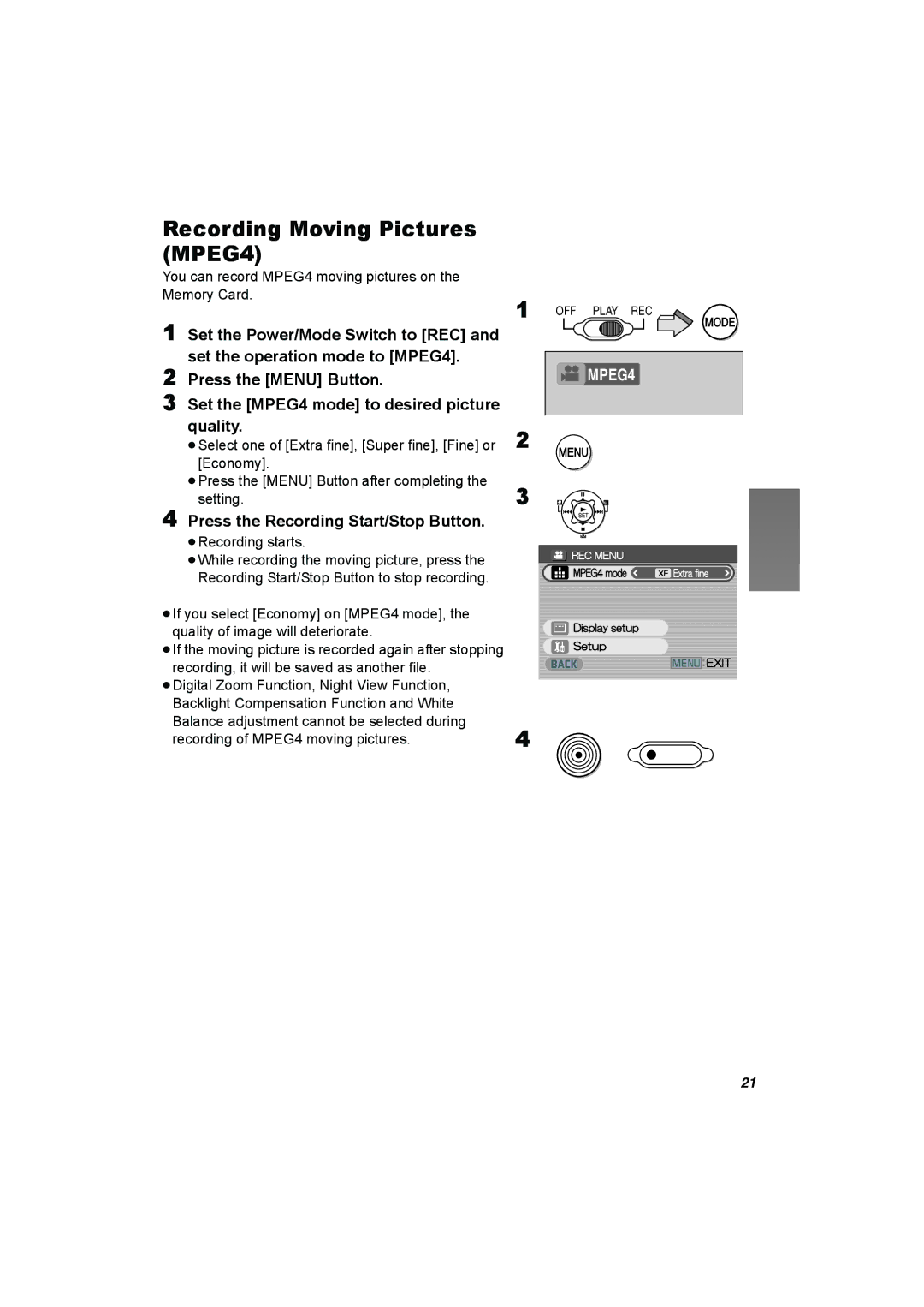 Panasonic SV-AV25 Recording Moving Pictures MPEG4, You can record MPEG4 moving pictures on the Memory Card 