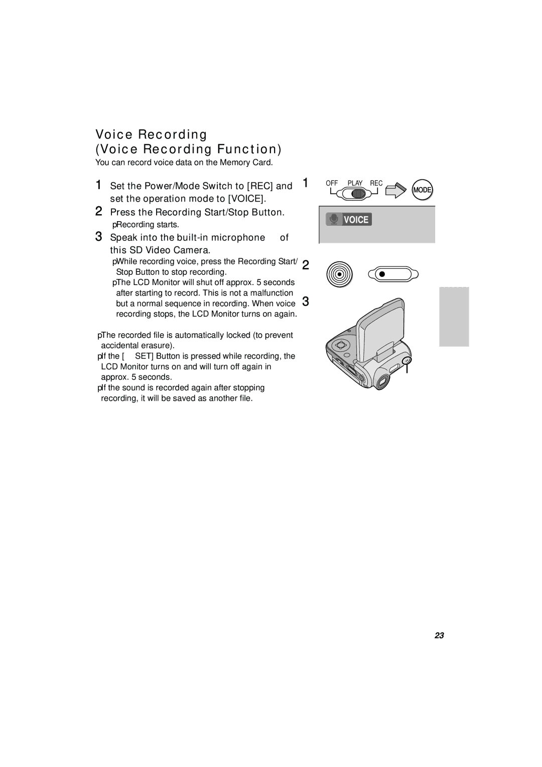 Panasonic SV-AV25 Voice Recording Voice Recording Function, You can record voice data on the Memory Card 