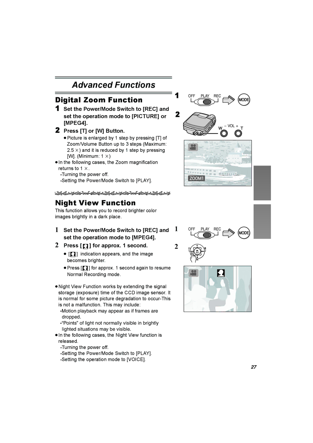 Panasonic SV-AV25 operating instructions Digital Zoom Function, Night View Function 