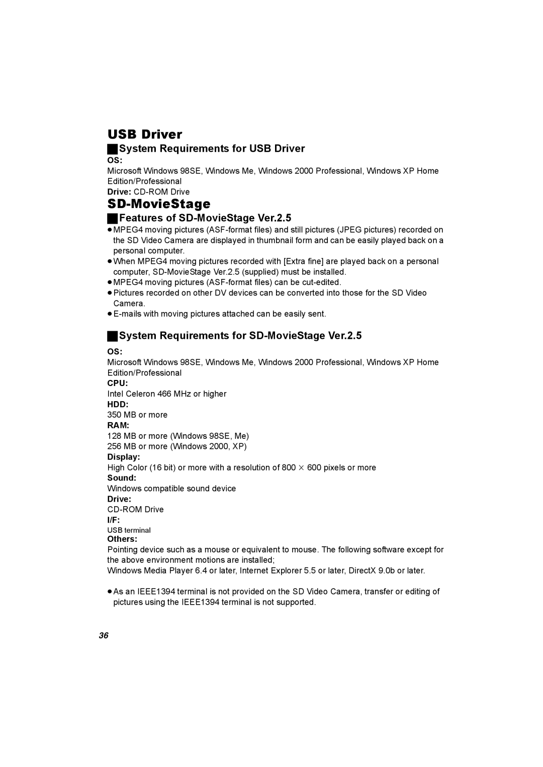 Panasonic SV-AV25 operating instructions System Requirements for USB Driver, Features of SD-MovieStage Ver.2.5 