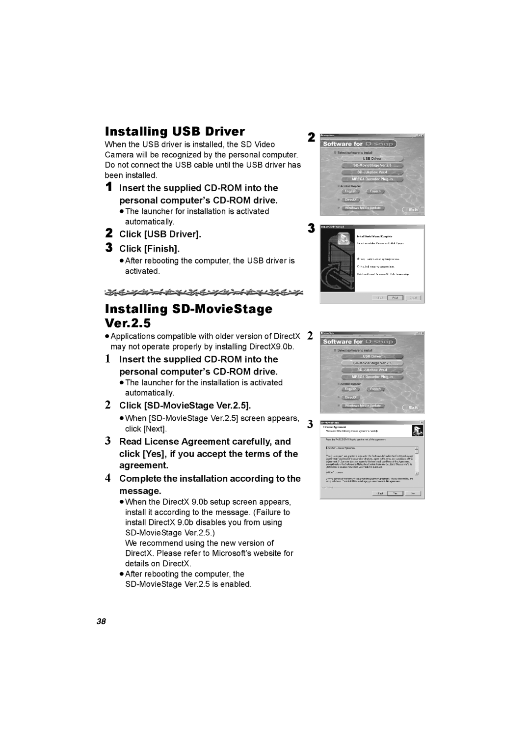 Panasonic SV-AV25 Installing USB Driver, Installing SD-MovieStage Ver.2.5, Click USB Driver Click Finish 