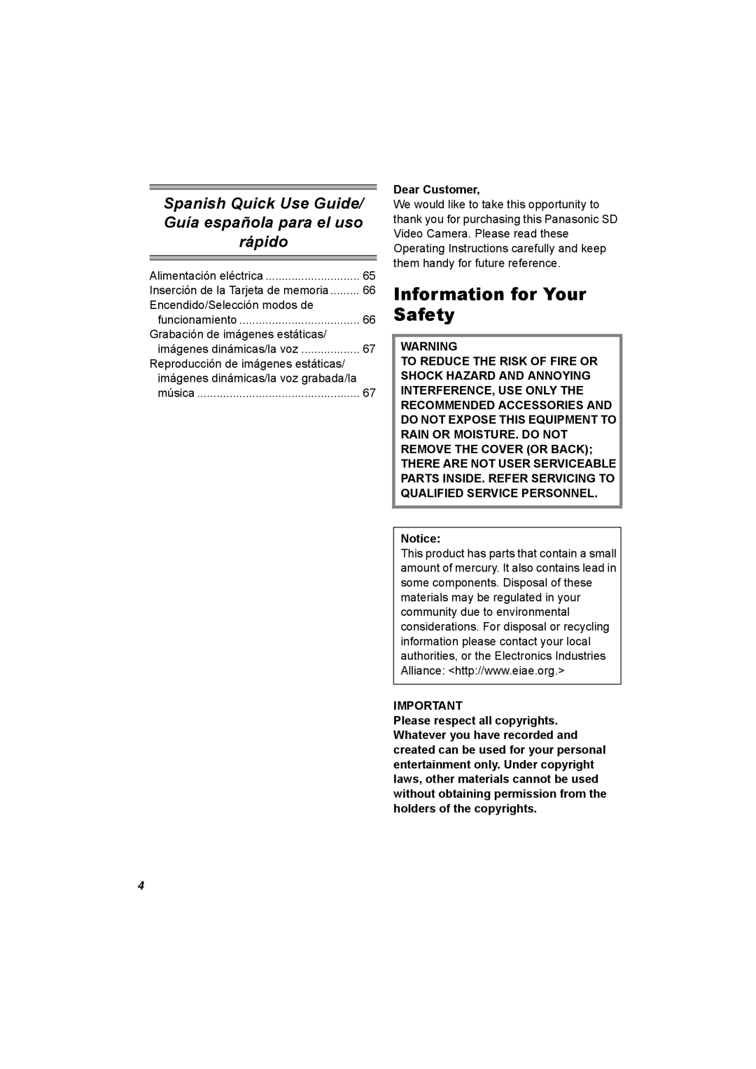 Panasonic SV-AV25 Information for Your Safety, Encendido/Selección modos de, Grabación de imágenes estáticas 