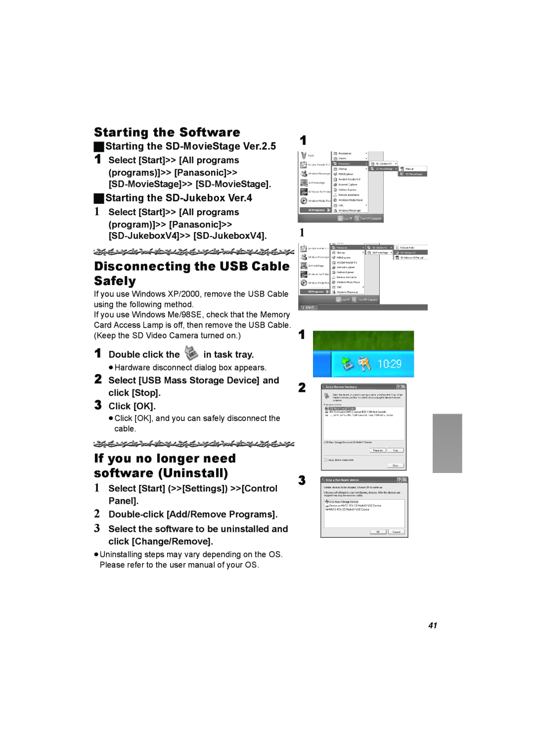 Panasonic SV-AV25 Starting the Software, Disconnecting the USB Cable Safely, If you no longer need Software Uninstall 