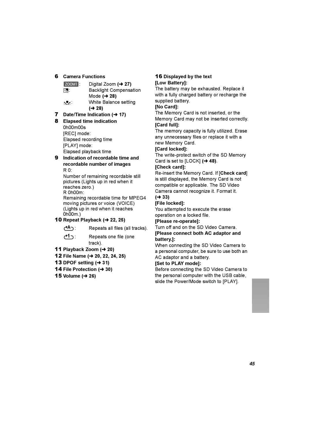 Panasonic SV-AV25 Camera Functions, Date/Time Indication l Elapsed time indication 0h00m00s, Repeat Playback l 22, No Card 