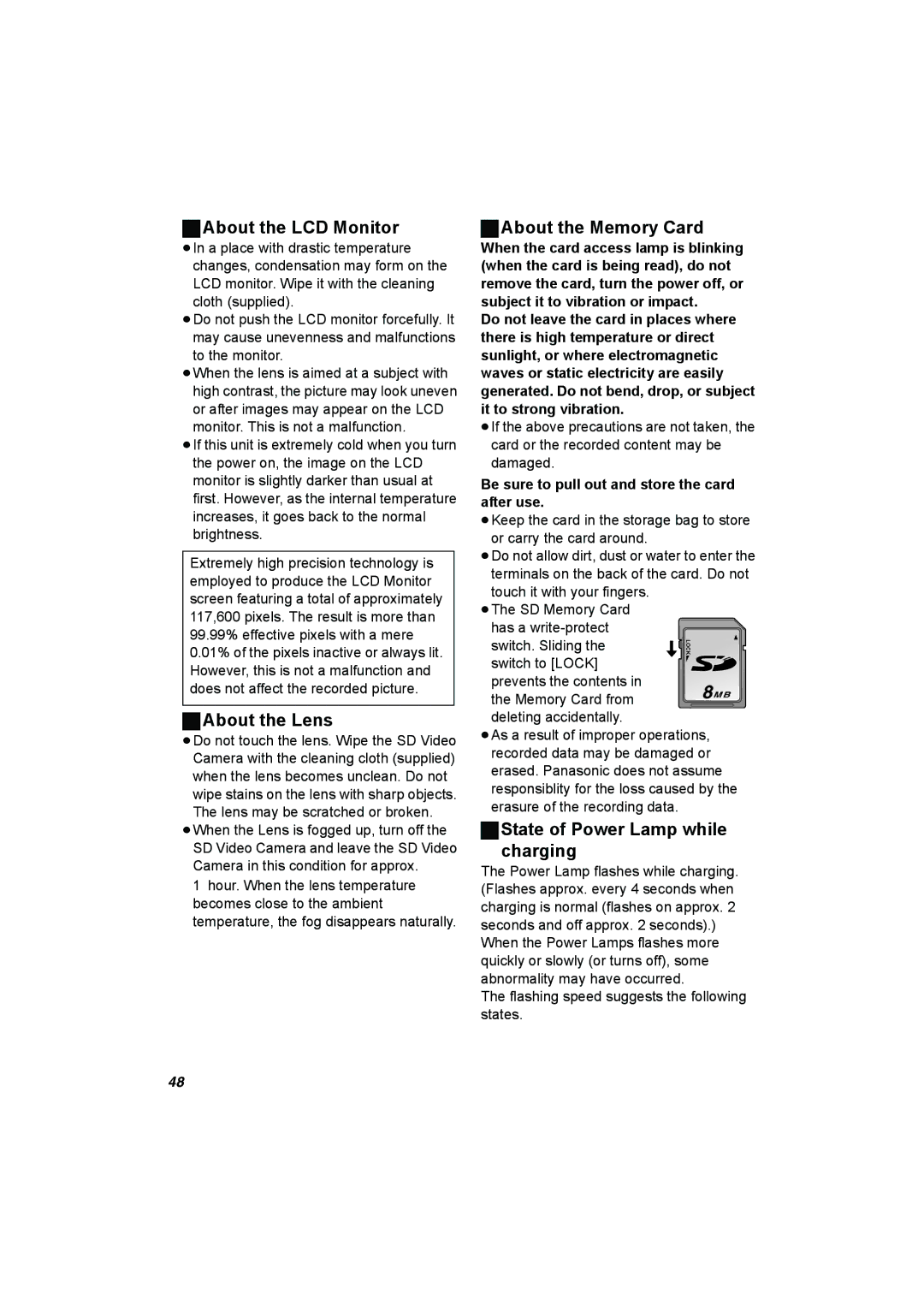 Panasonic SV-AV25 About the LCD Monitor, About the Lens, About the Memory Card, State of Power Lamp while Charging 