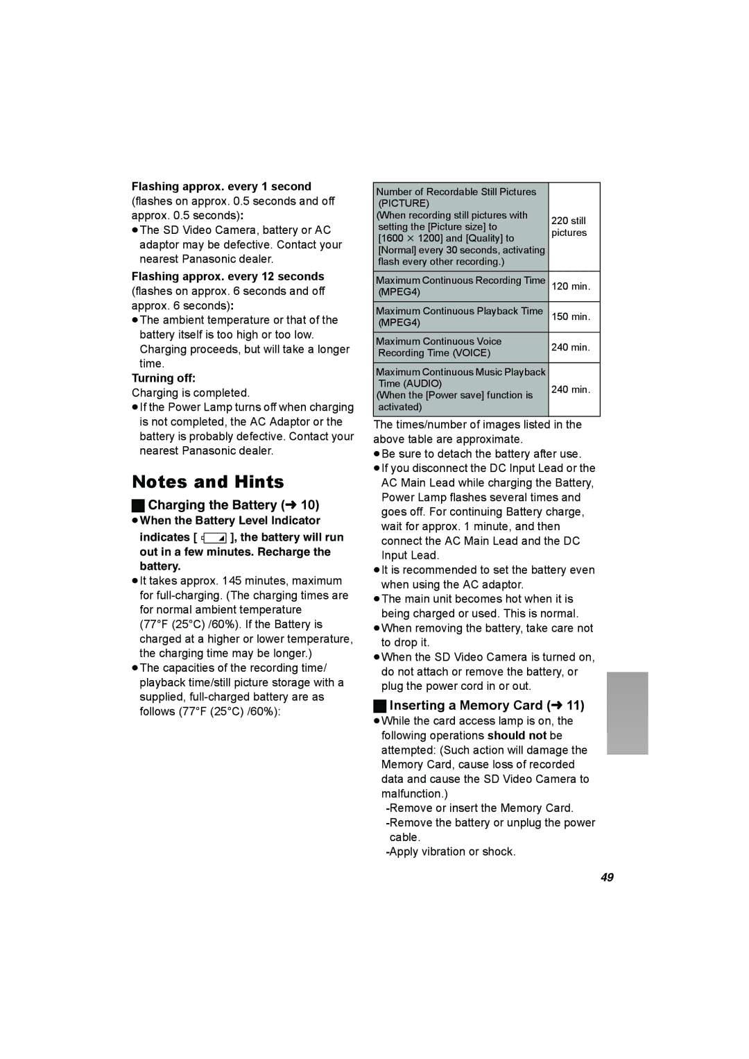 Panasonic SV-AV25 Inserting a Memory Card l, Flashing approx. every 12 seconds, Turning off, Charging is completed 