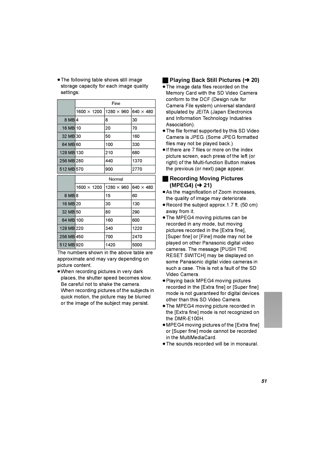 Panasonic SV-AV25 operating instructions Playing Back Still Pictures l, Recording Moving Pictures MPEG4 l 