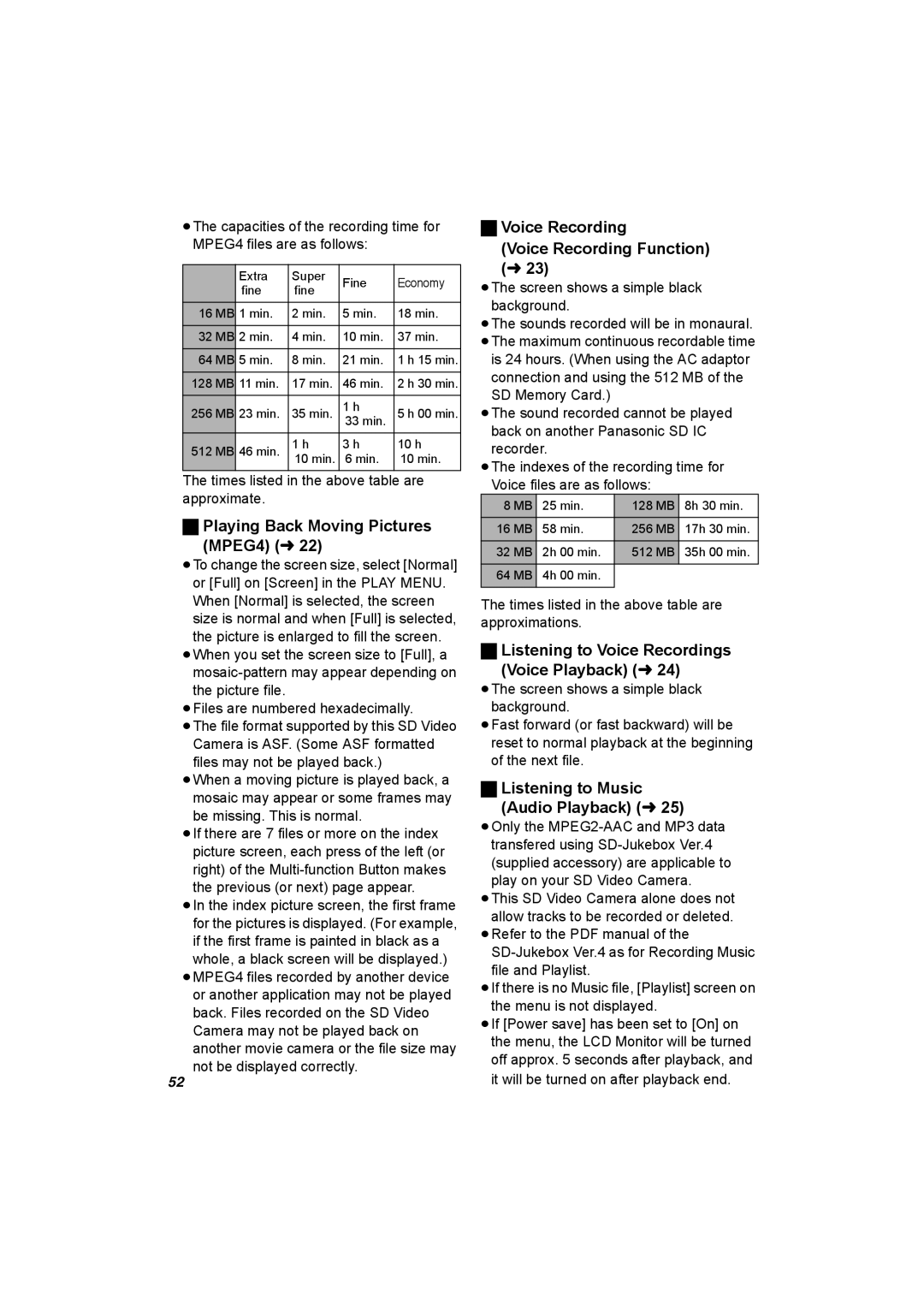 Panasonic SV-AV25 operating instructions Playing Back Moving Pictures MPEG4 l, Voice Recording Voice Recording Function 