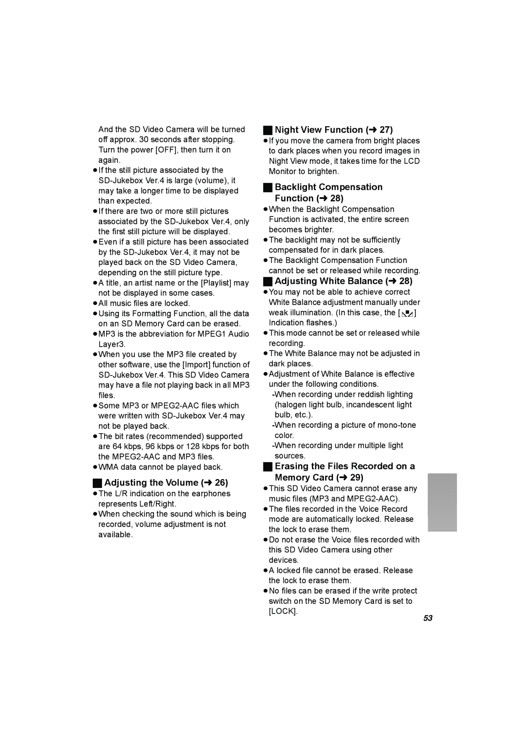 Panasonic SV-AV25 operating instructions Adjusting the Volume l, Night View Function l, Backlight Compensation Function l 