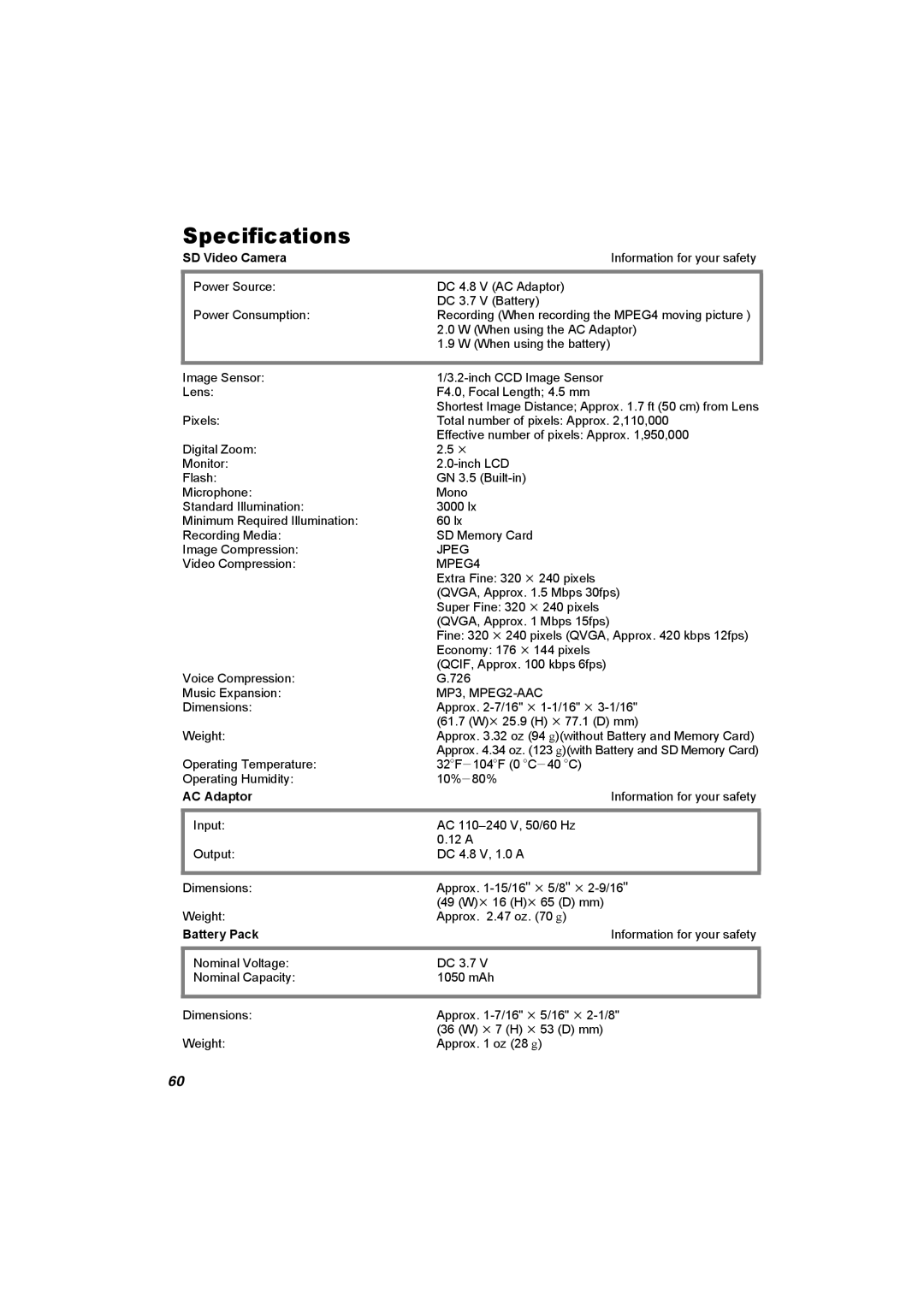 Panasonic SV-AV25 operating instructions Specifications, SD Video Camera 