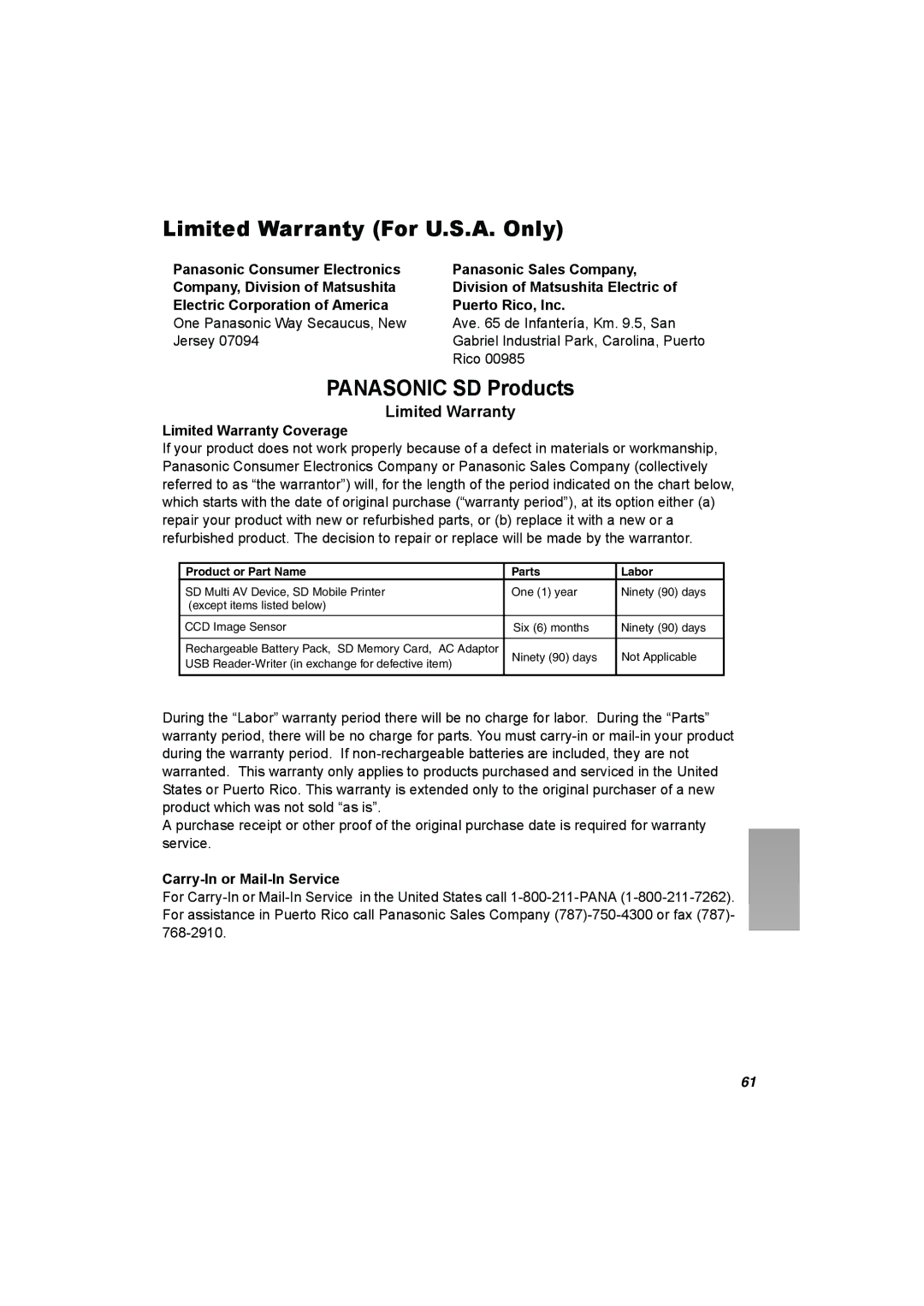 Panasonic SV-AV25 operating instructions Limited Warranty For U.S.A. Only, Panasonic SD Products, Limited Warranty Coverage 