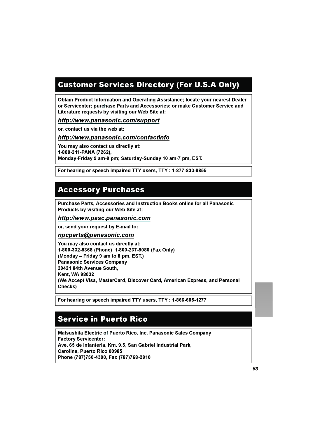 Panasonic SV-AV25 operating instructions Customer Services Directory For U.S.A Only 