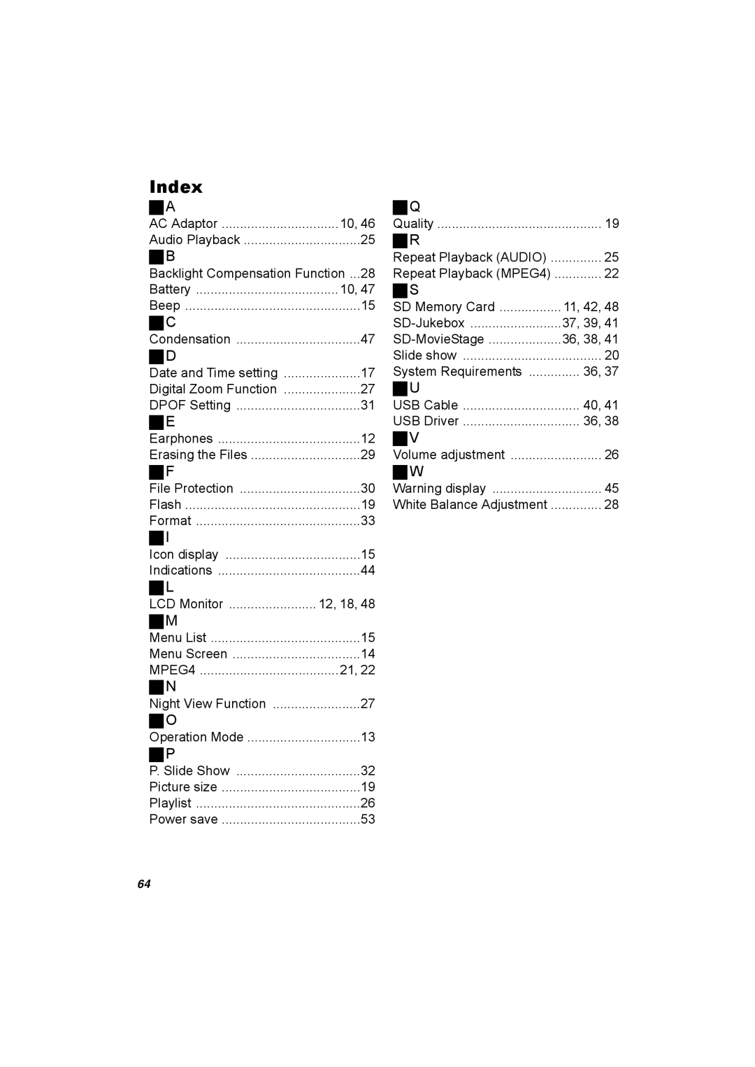 Panasonic SV-AV25 operating instructions Index 