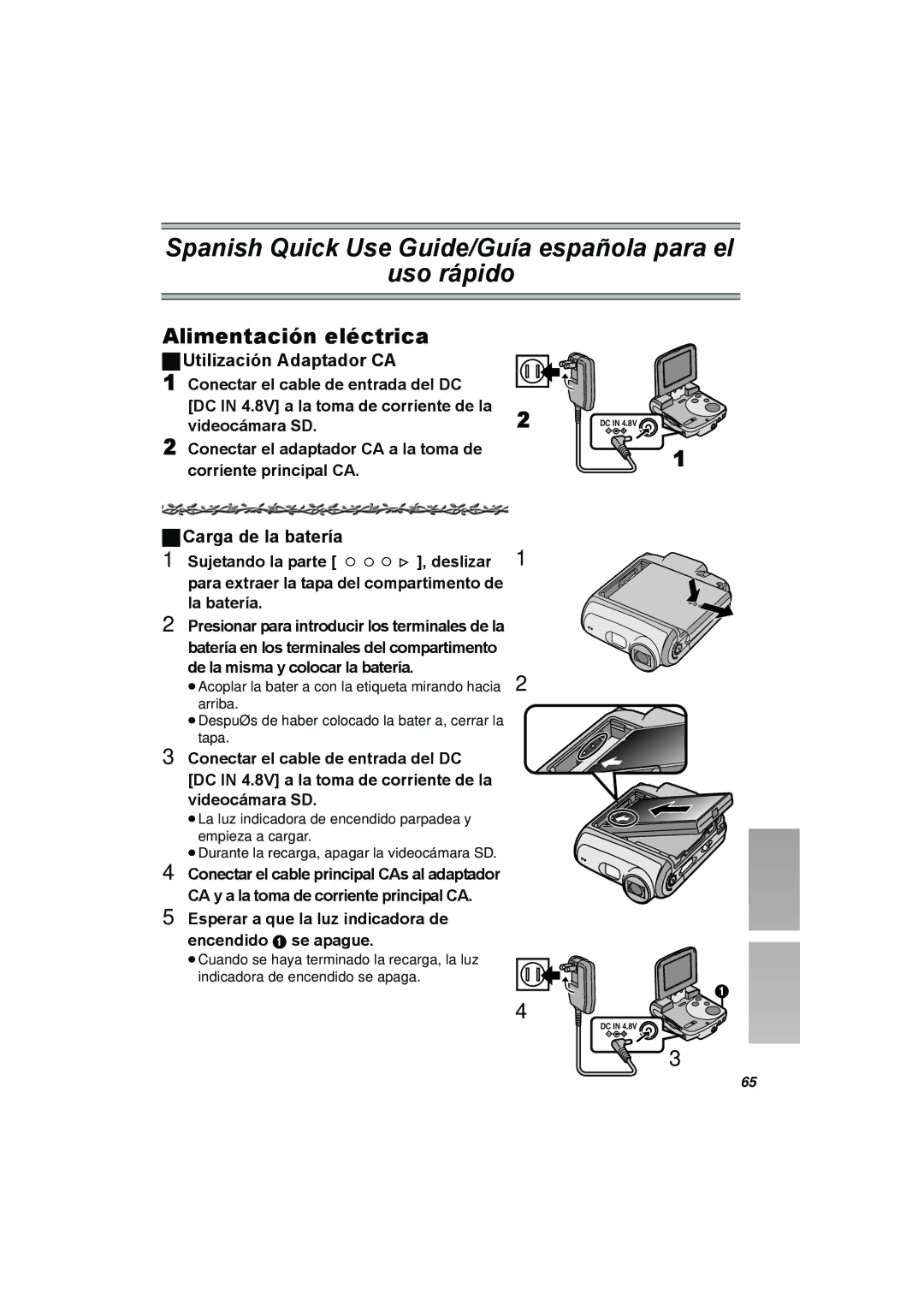 Panasonic SV-AV25 operating instructions Alimentación eléctrica, Utilización Adaptador CA, Carga de la batería 