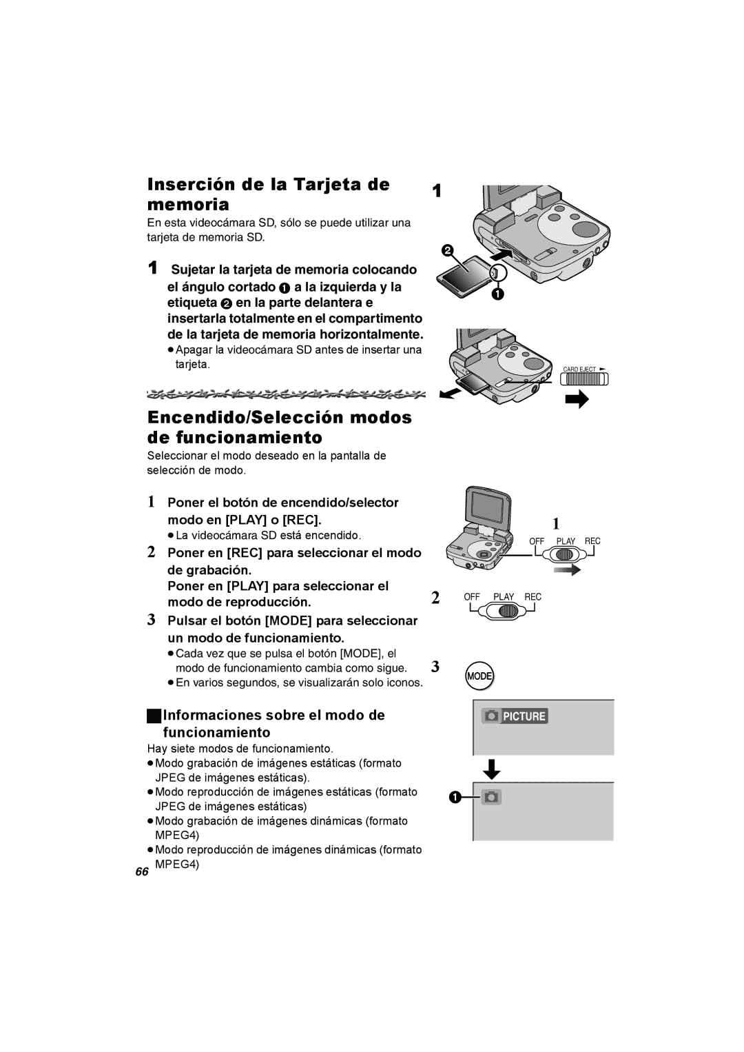 Panasonic SV-AV25 operating instructions Inserción de la Tarjeta de memoria, Encendido/Selección modos de funcionamiento 