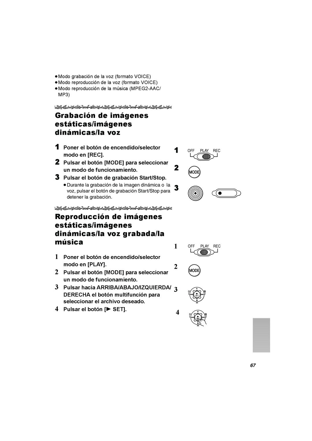 Panasonic SV-AV25 operating instructions Grabación de imágenes estáticas/imágenes dinámicas/la voz 