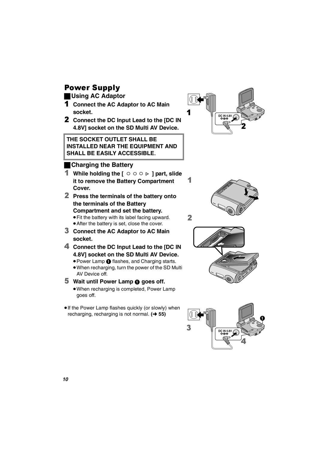 Panasonic SV-AV30U manual Charging the Battery, Wait until Power Lamp 1 goes off 