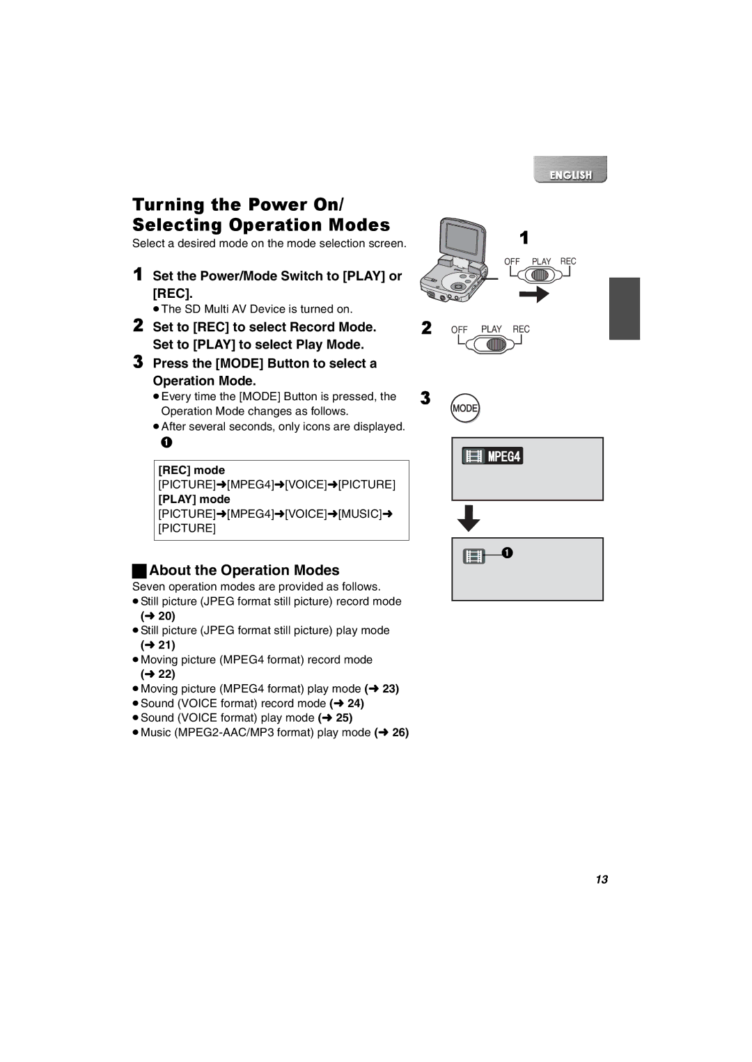 Panasonic SV-AV30U manual About the Operation Modes, Set the Power/Mode Switch to Play or REC, REC mode, Play mode 