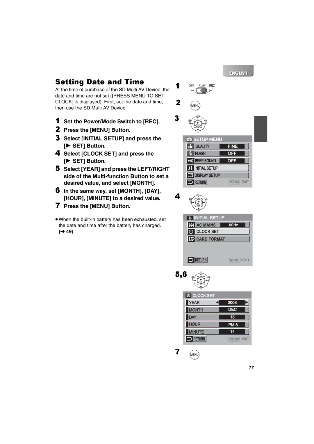 Panasonic SV-AV30U manual Setting Date and Time, Return 