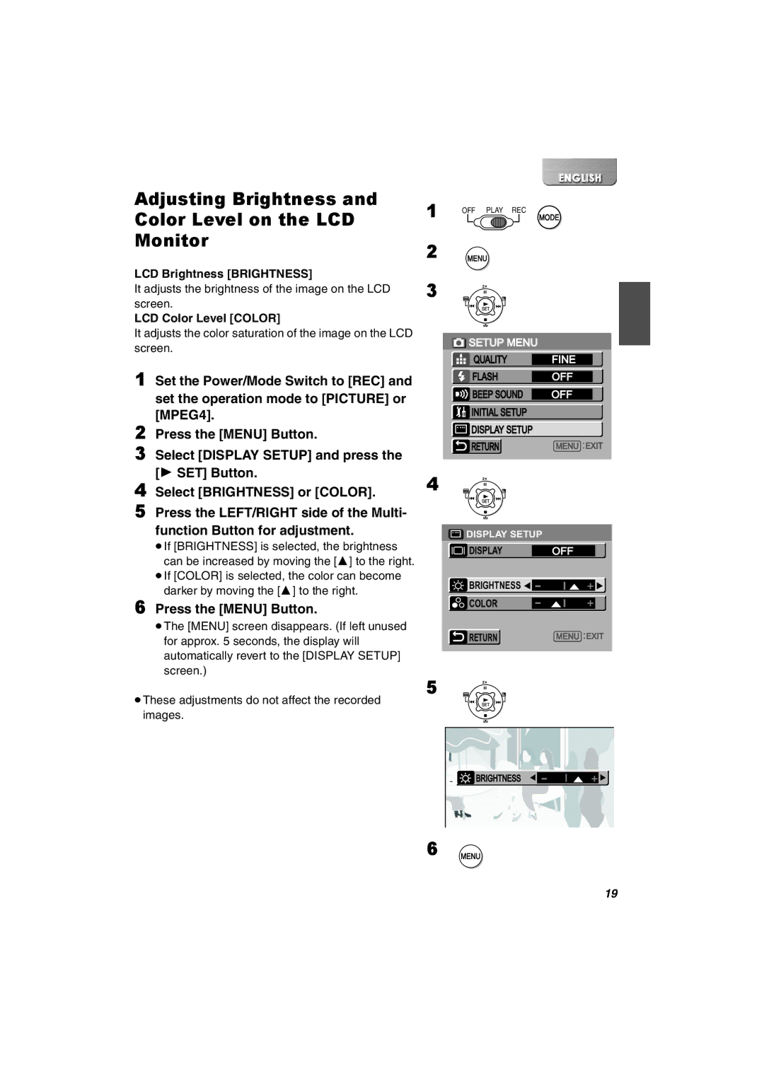 Panasonic SV-AV30U manual Adjusting Brightness and Color Level on the LCD Monitor, LCD Brightness Brightness 