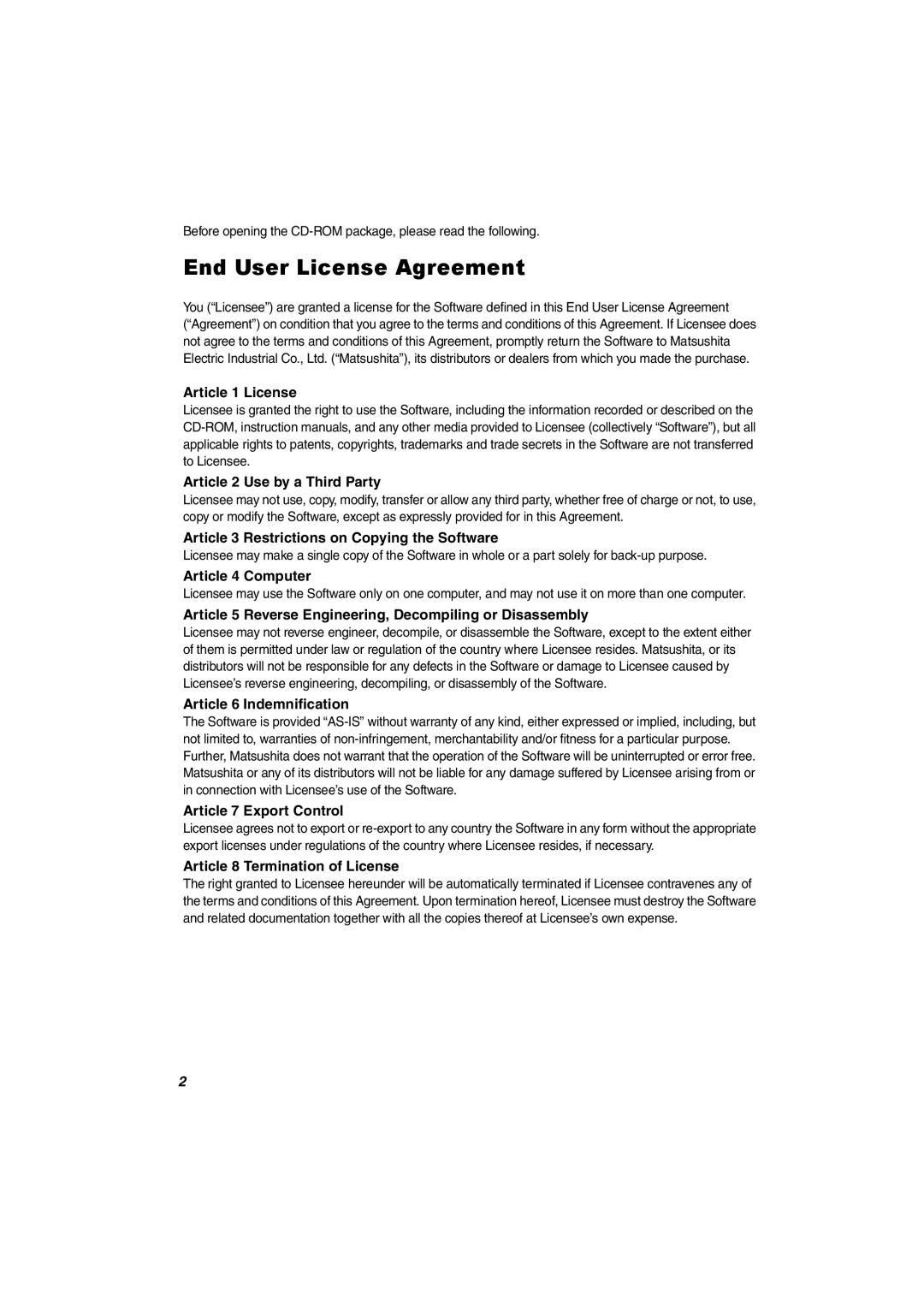 Panasonic SV-AV30U manual End User License Agreement 