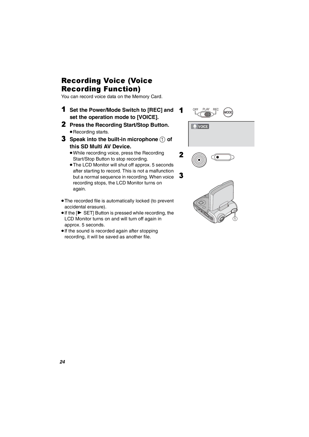 Panasonic SV-AV30U Recording Voice Voice Recording Function, Speak into the built-in microphone 1 This SD Multi AV Device 