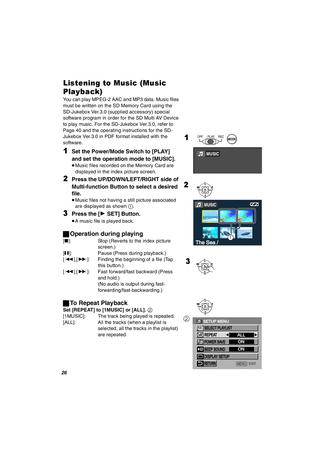 Panasonic SV-AV30U manual Listening to Music Music Playback, Operation during playing, ªTo Repeat Playback 