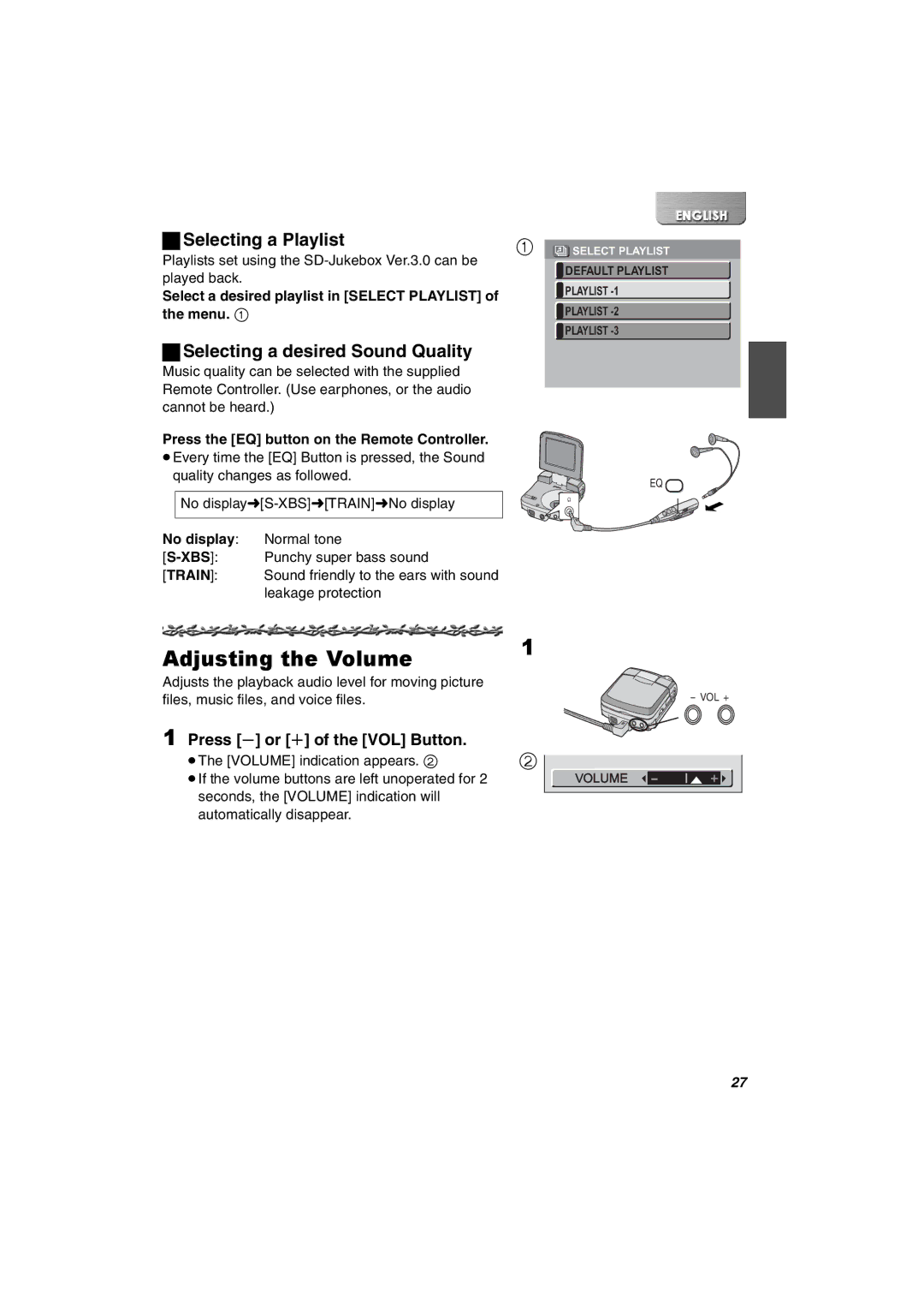 Panasonic SV-AV30U manual Adjusting the Volume, ªSelecting a Playlist, Selecting a desired Sound Quality 