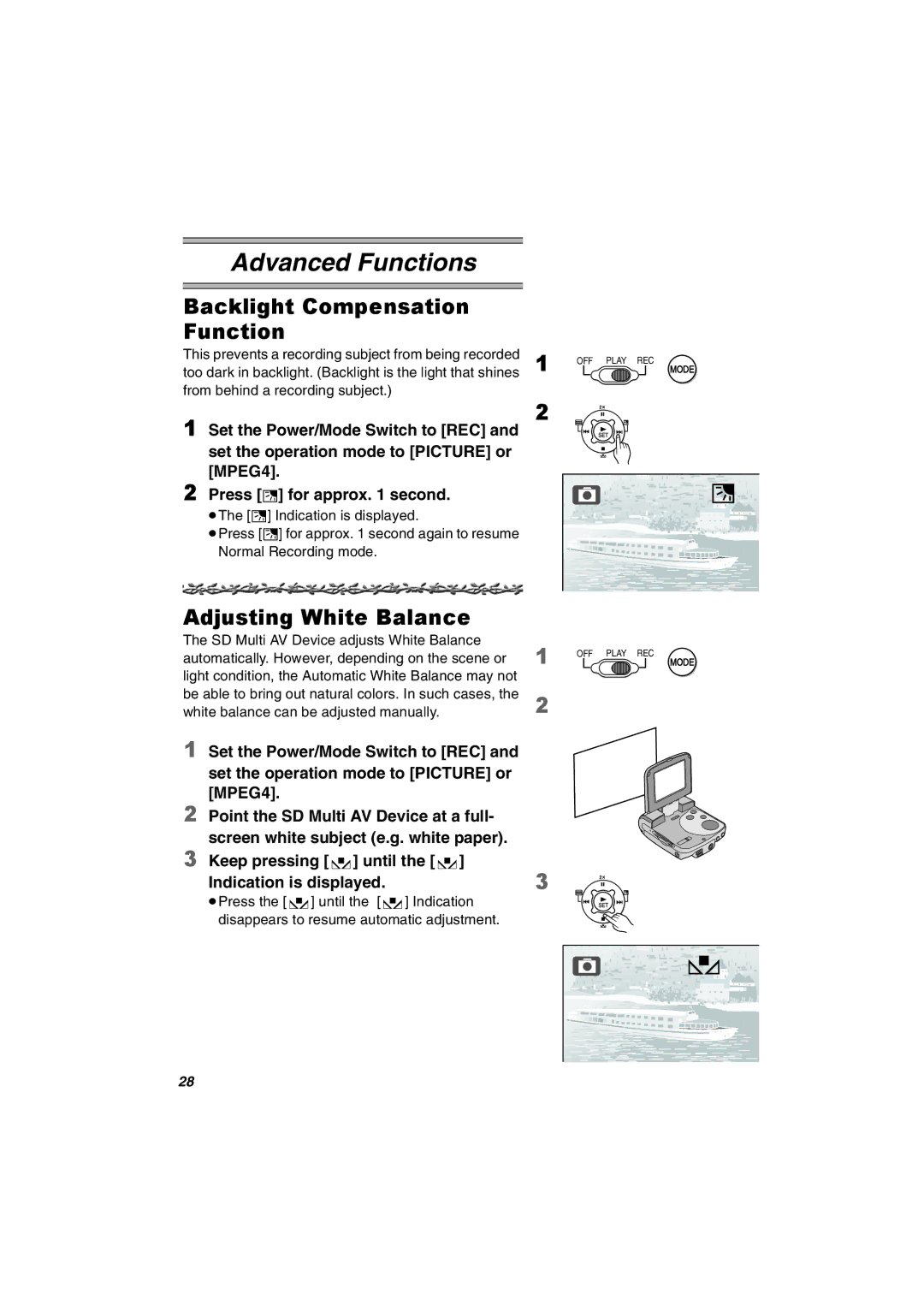 Panasonic SV-AV30U manual Backlight Compensation Function, Adjusting White Balance 