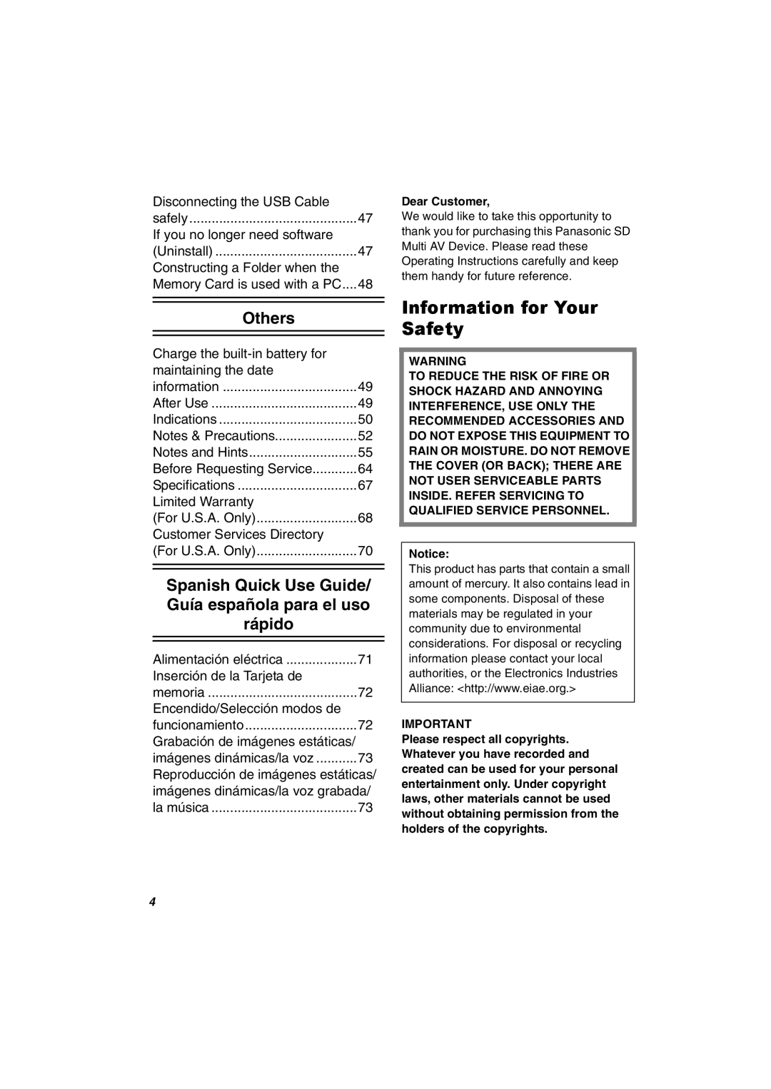 Panasonic SV-AV30U manual Information for Your Safety, Others, Dear Customer 