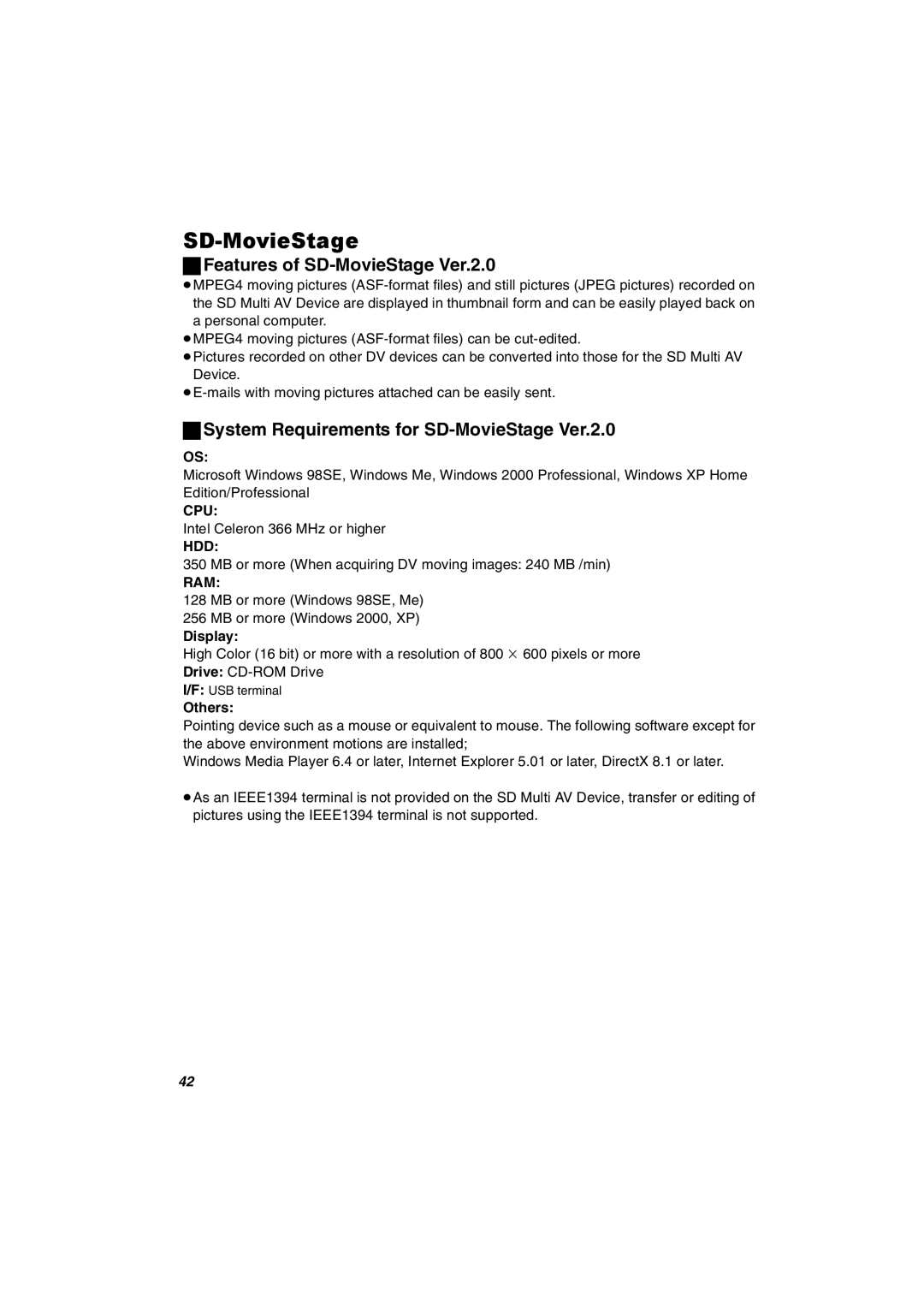 Panasonic SV-AV30U Features of SD-MovieStage Ver.2.0, System Requirements for SD-MovieStage Ver.2.0, Display, Others 