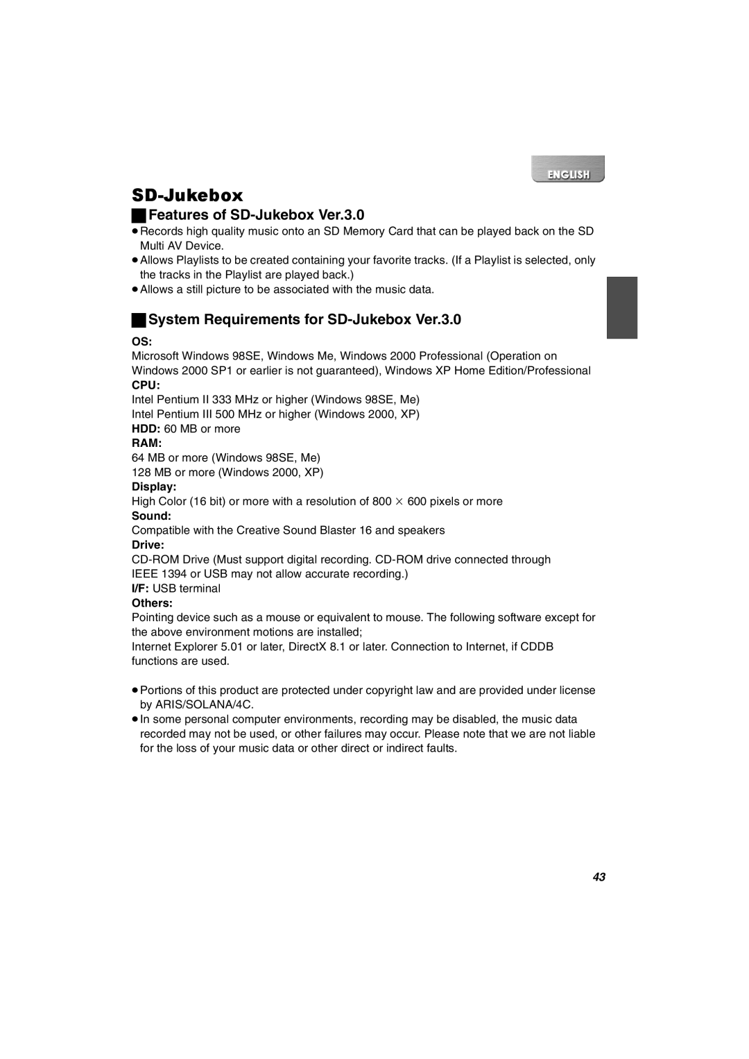 Panasonic SV-AV30U manual Features of SD-Jukebox Ver.3.0, System Requirements for SD-Jukebox Ver.3.0, Sound, Drive 