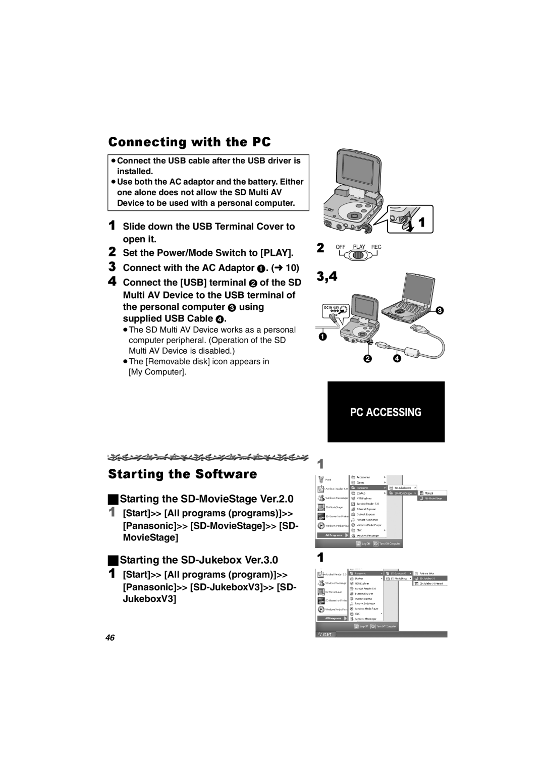 Panasonic SV-AV30U manual Connecting with the PC, Starting the Software, Starting the SD-MovieStage Ver.2.0 