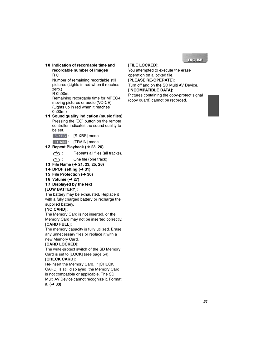 Panasonic SV-AV30U manual Repeat Playback l 23, Card Full 