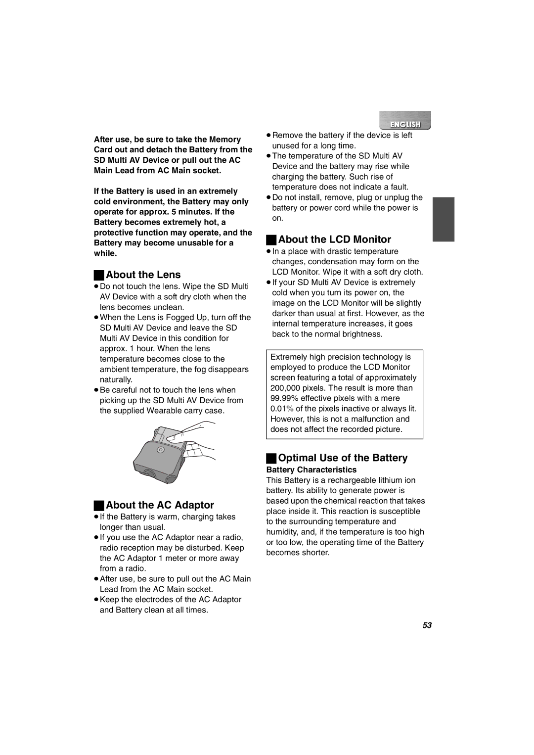 Panasonic SV-AV30U manual About the Lens, About the AC Adaptor, About the LCD Monitor, Optimal Use of the Battery 