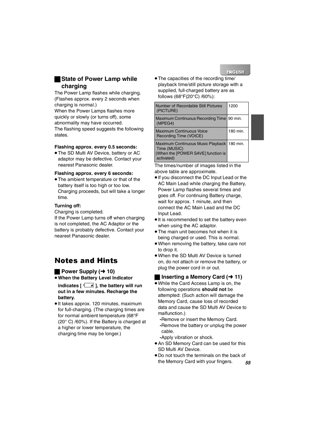 Panasonic SV-AV30U manual State of Power Lamp while Charging, Power Supply l, Inserting a Memory Card l 