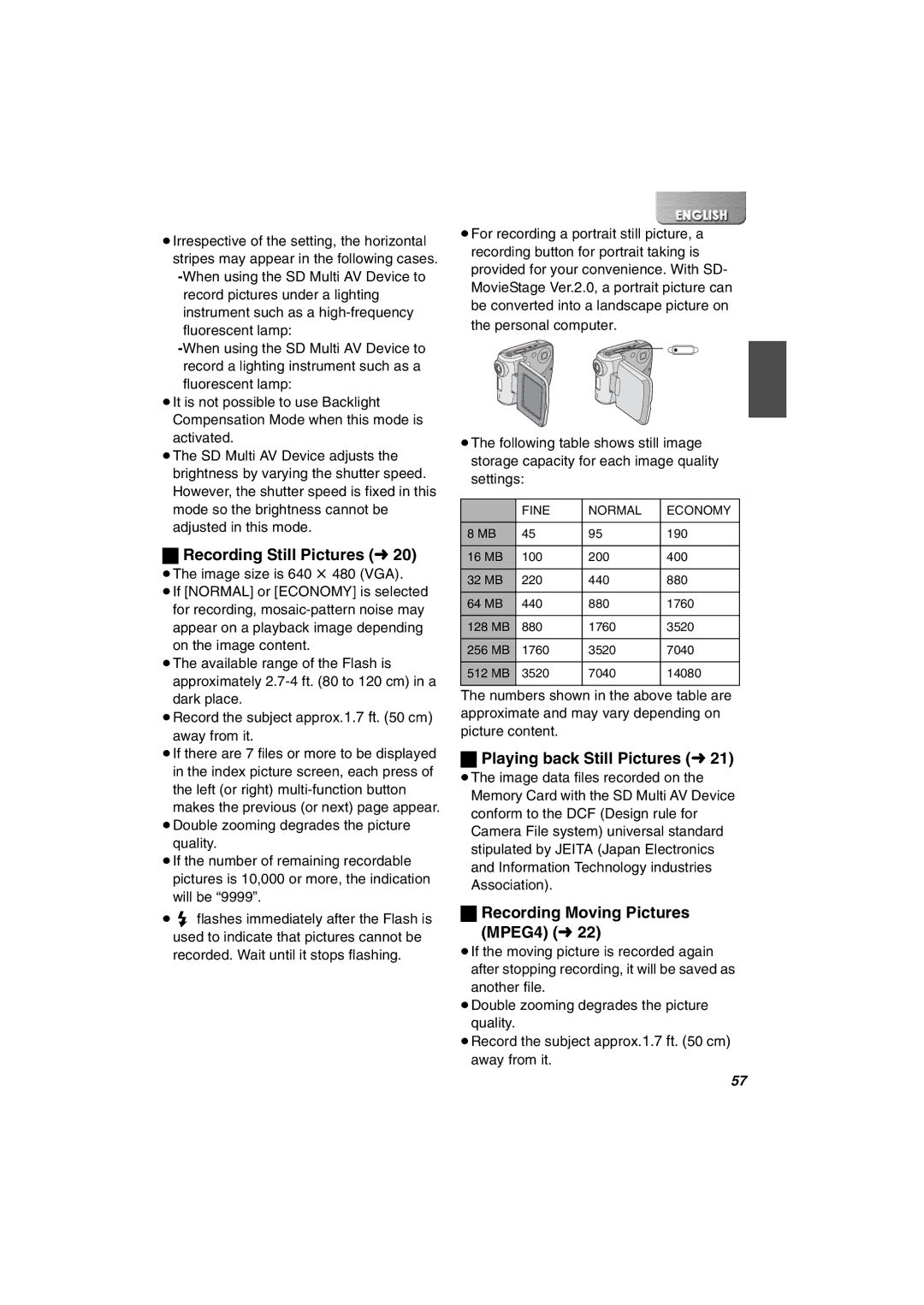 Panasonic SV-AV30U manual Recording Still Pictures l, Playing back Still Pictures l, Recording Moving Pictures MPEG4 l 