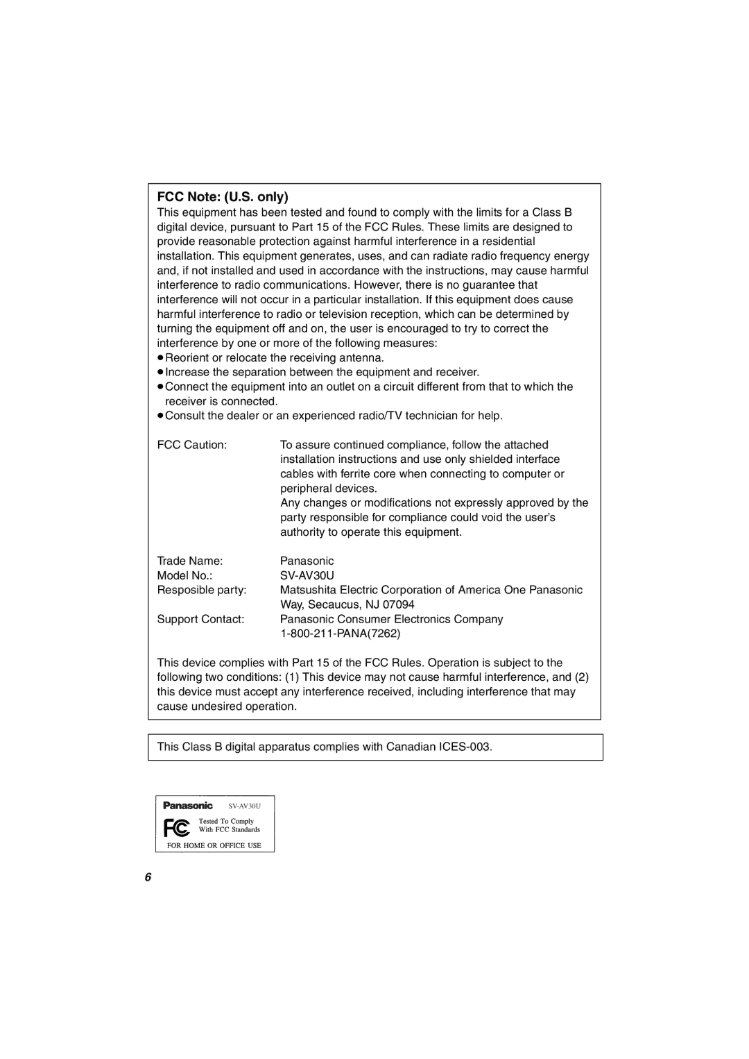 Panasonic SV-AV30U manual FCC Note U.S. only 