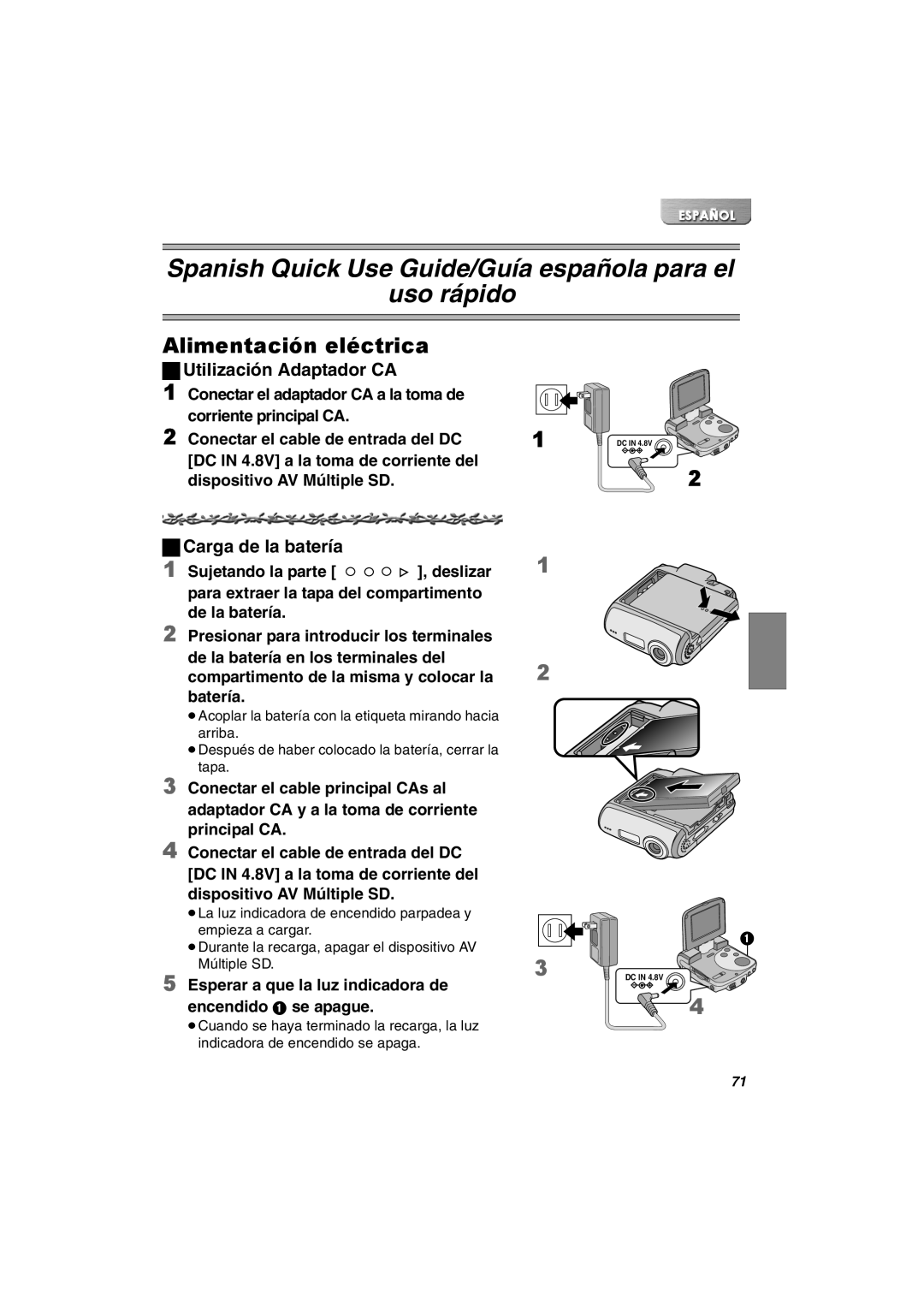 Panasonic SV-AV30U manual Alimentación eléctrica, Utilización Adaptador CA, Carga de la batería 