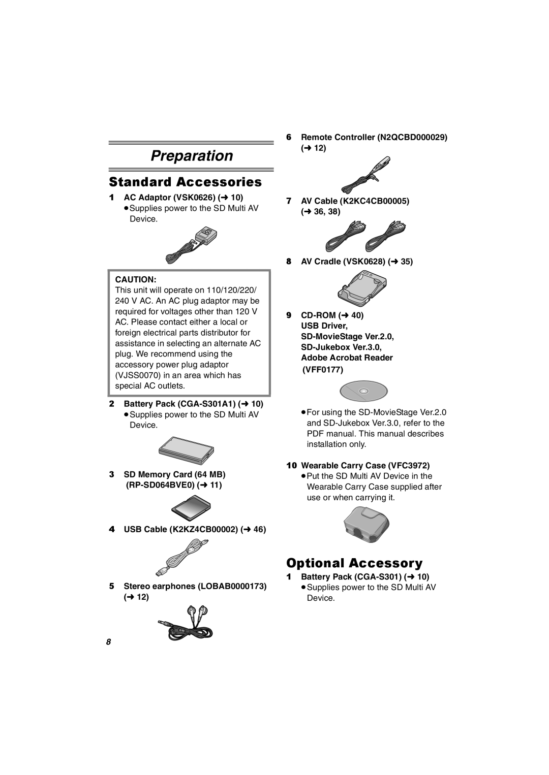 Panasonic SV-AV30U manual Standard Accessories, Optional Accessory 