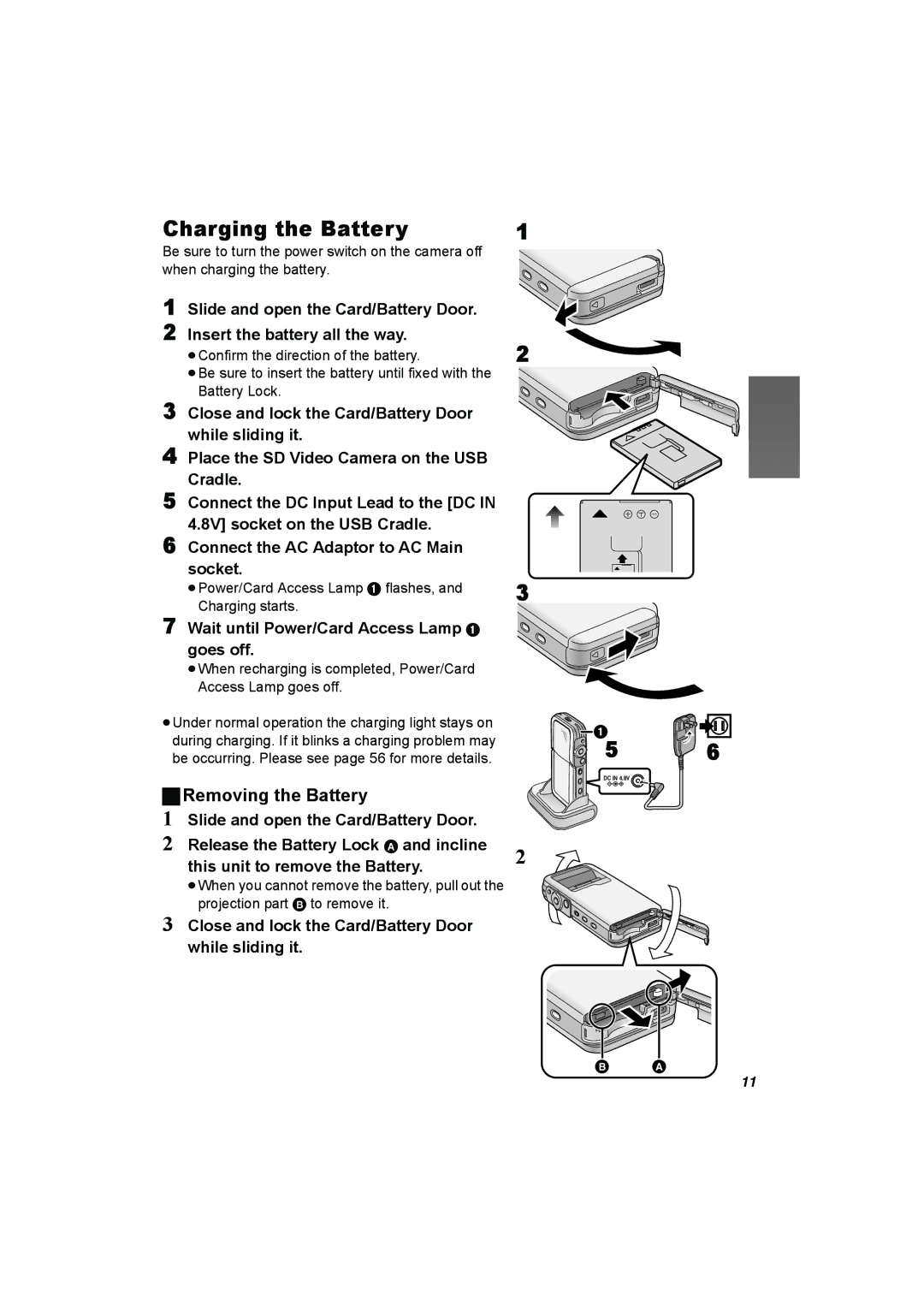 Panasonic SV-AV50 Charging the Battery, Removing the Battery, Wait until Power/Card Access Lamp 1 goes off 